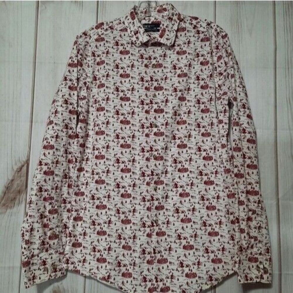 Bar III Shirt Men's Medium Slim Fit White Red Button‎ Front Long Sleeve Ski